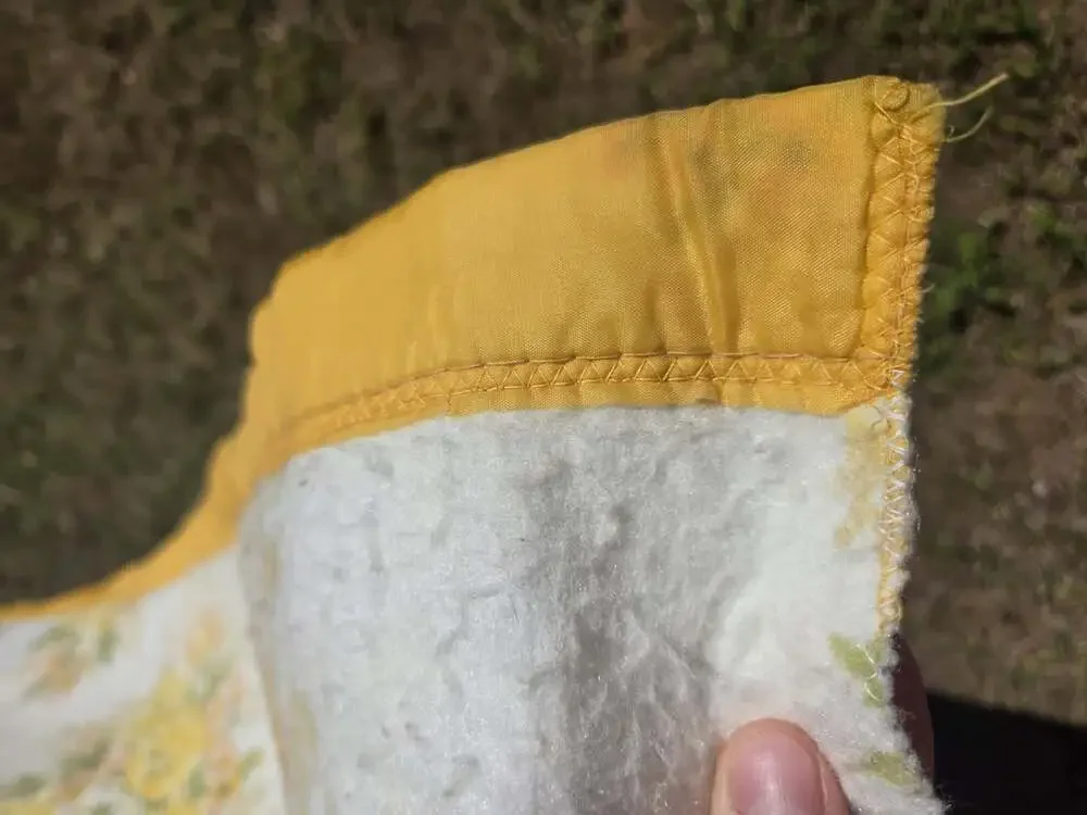 2 Vtg Floral Thermal Blankets Yellow Satin Trim 89x70 Twin Handmade 70s Groovy